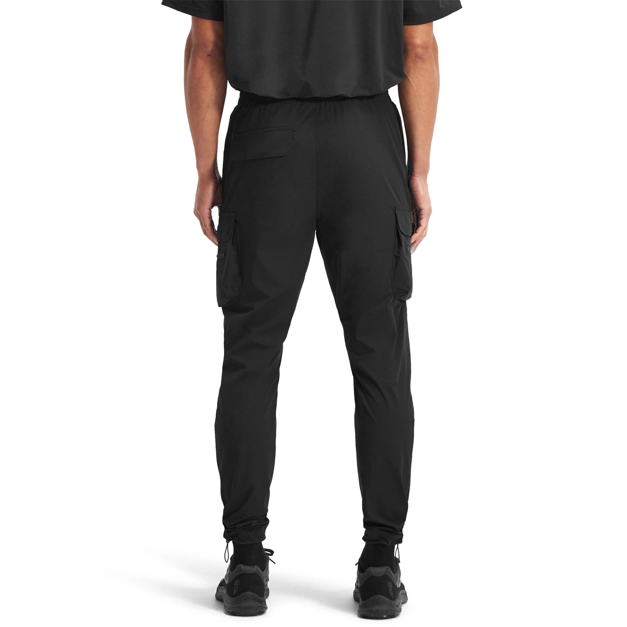 Model back view of Represent 247 Black Cargo Pants